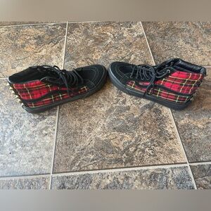 Vans SK8-Hi Slim Tartan Plaid Studded Sneakers- Red/Black/Plaid, Size M5/W6.5